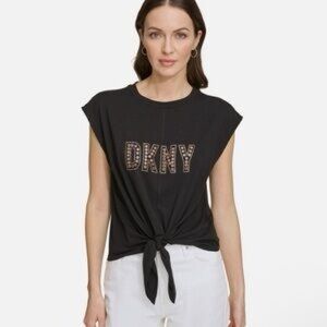 DKNY Black Tie-Front Tee with Studded Logo